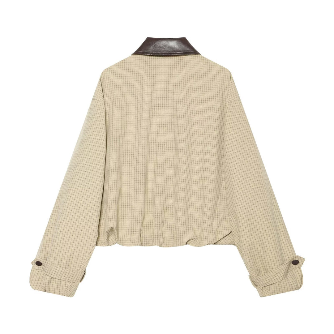 Damen Kurzgeschnittener Karierter Blouson mit kontrastierendem Lederkragen Echo Archiv