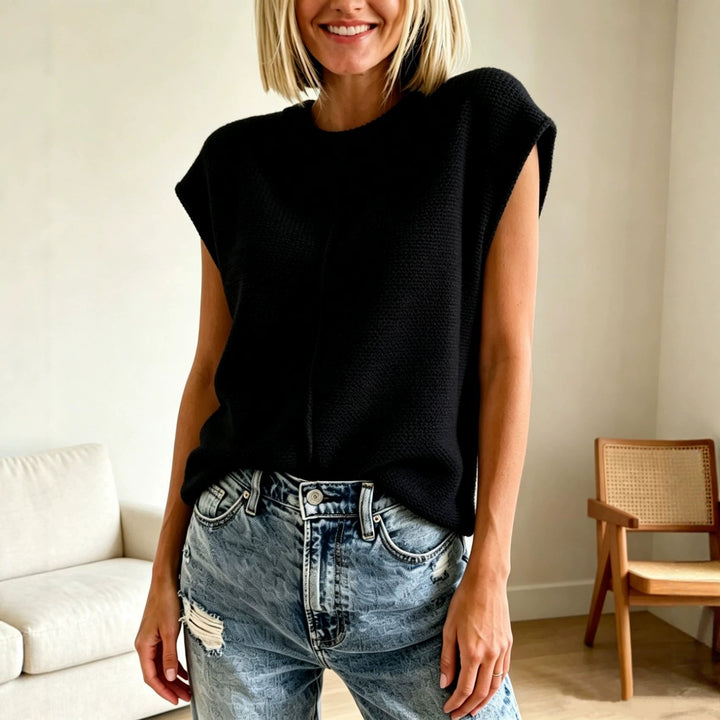 Damen Ärmellose Strickweste mit mittiger Naht und geripptem Kragen – Veloura