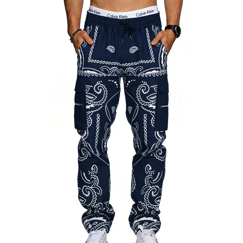 Herren Cargo-Hose mit Bandana-Print, elastischem Bund und Zipper-Taschen – Bravaro