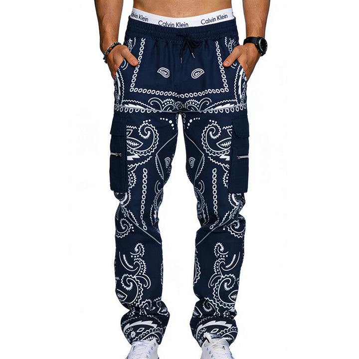 Herren Cargo-Hose mit Bandana-Print, elastischem Bund und Zipper-Taschen – Bravaro