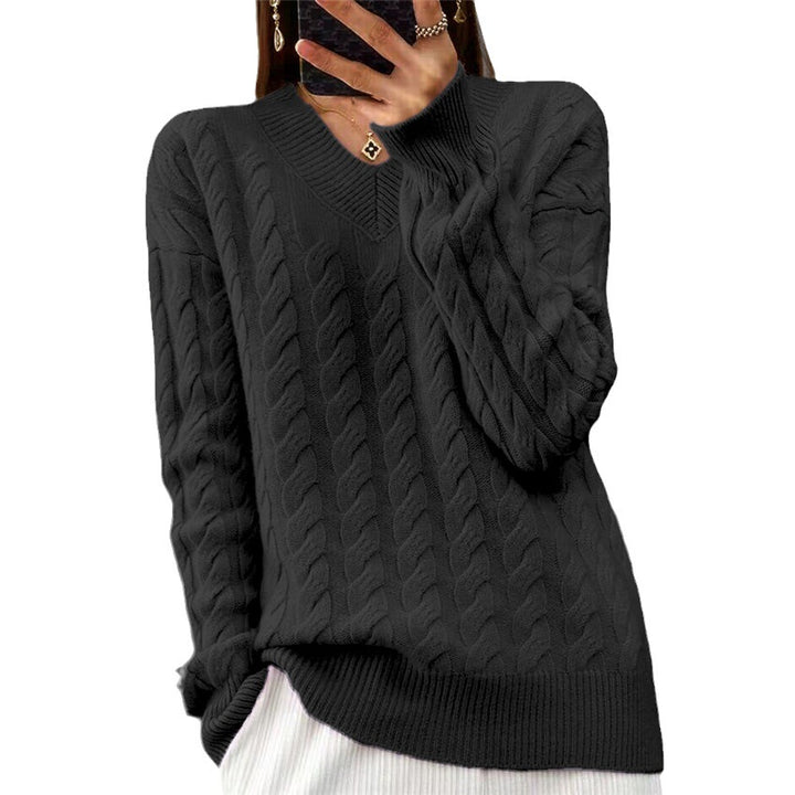 Damen nan weich fallender Zopfmuster-Pullover mit V-Ausschnitt, Oversize-Schnitt und geripptem Saum Echo Archiv