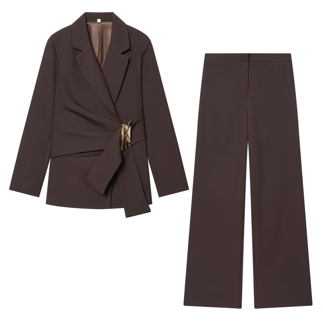 Damen Zweiteiliges Wickelblazer- und Palazzo-Anzugset mit Ziergürtel Echo Archiv
