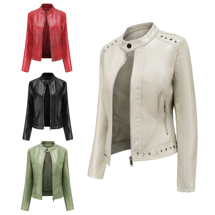 Damen nan kurze taillierte Kunstlederjacke mit Stehkragen Zwei-Wege-Reißverschluss und Ziernietensaum Echo Archiv