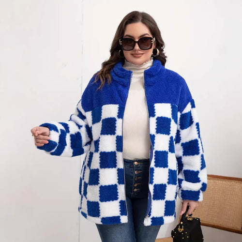 Damen Kariert‑Design Teddy‑Fleecejacke mit Stehkragen, Reißverschluss und Oversize‑Schnitt Echoarchiv