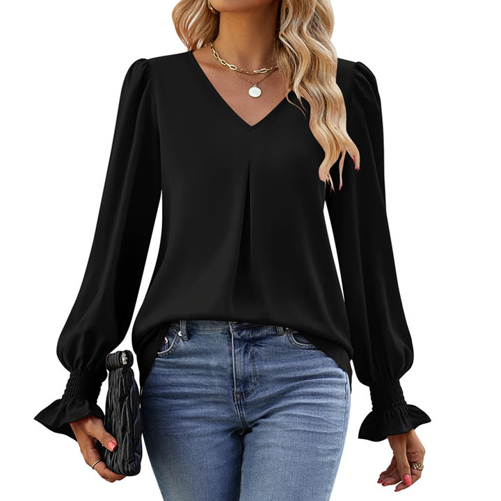 Damen V-Ausschnitt Bluse mit Kellerfalte und gerafften Manschetten – Avérine