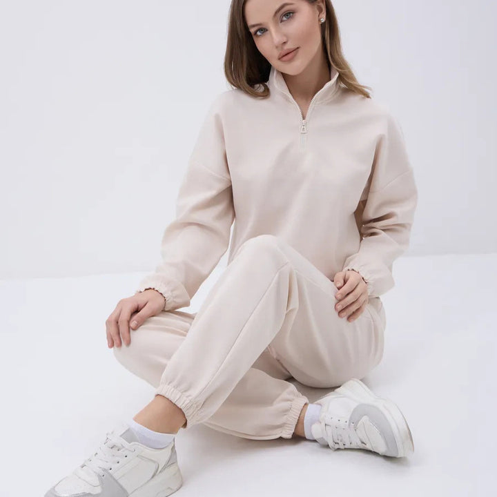 Damen weiches Lounge-Set mit halbem Reißverschluss, Kordelzughose und elastischen Bündchen – Avérine