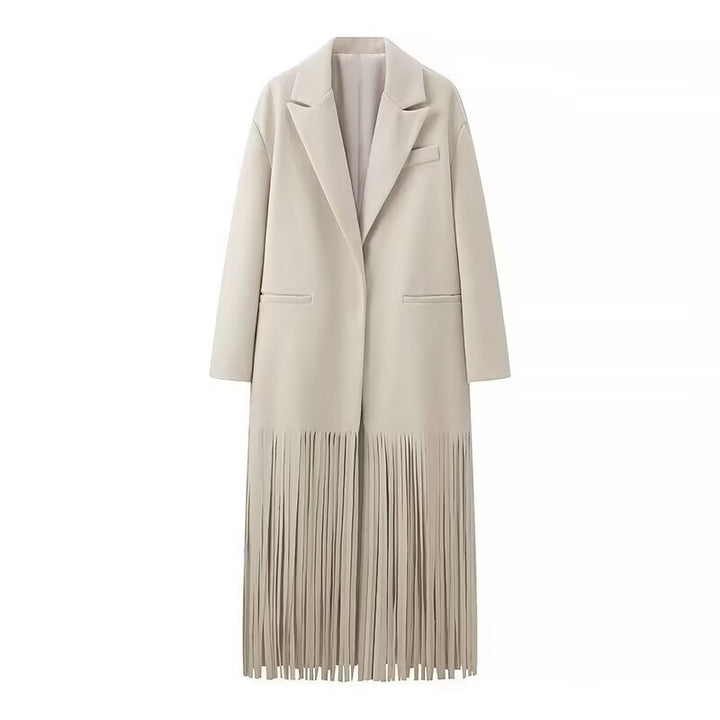 Damen Langmantel mit langem Fransen‑Saum, kastiger Oversize‑Silhouette und Reverskragen Echo Archiv