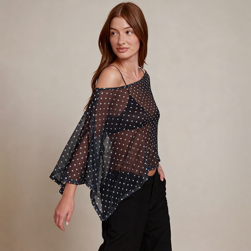 Damen transparentes Oberteil mit asymmetrischem Schnitt und Polka-Dots Echo Archiv
