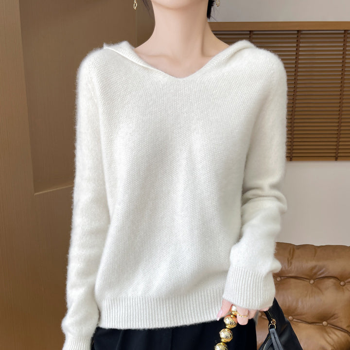 Damen Weicher Mohair‑Optik Kapuzenpullover mit V‑Ausschnitt und geripptem Saum Echoarchiv