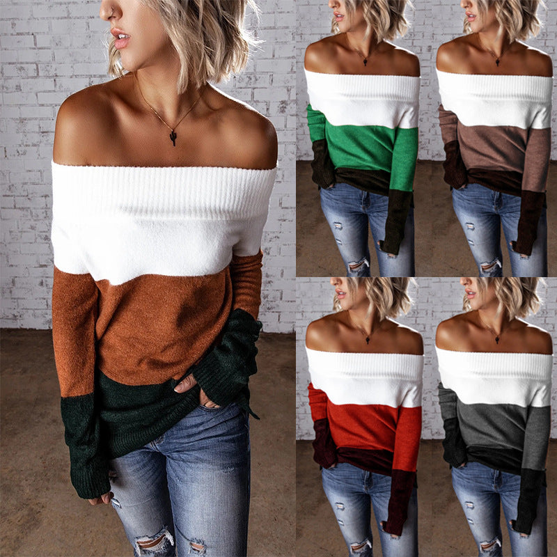 Damen Schulterfreier Colorblock-Strickpullover mit Umschlagkragen Echo Archiv