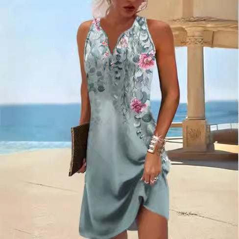 Damen, lässiges Sommerkleid mit V-Ausschnitt und asymmetrischem Saum Echoarchiv