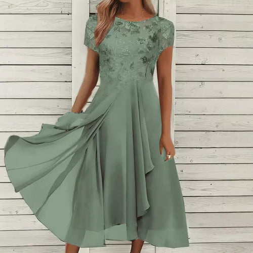 Damen nan elegantes Chiffon-Midikleid mit floraler Spitzenapplikation und fließendem Tellerrock Echoarchiv