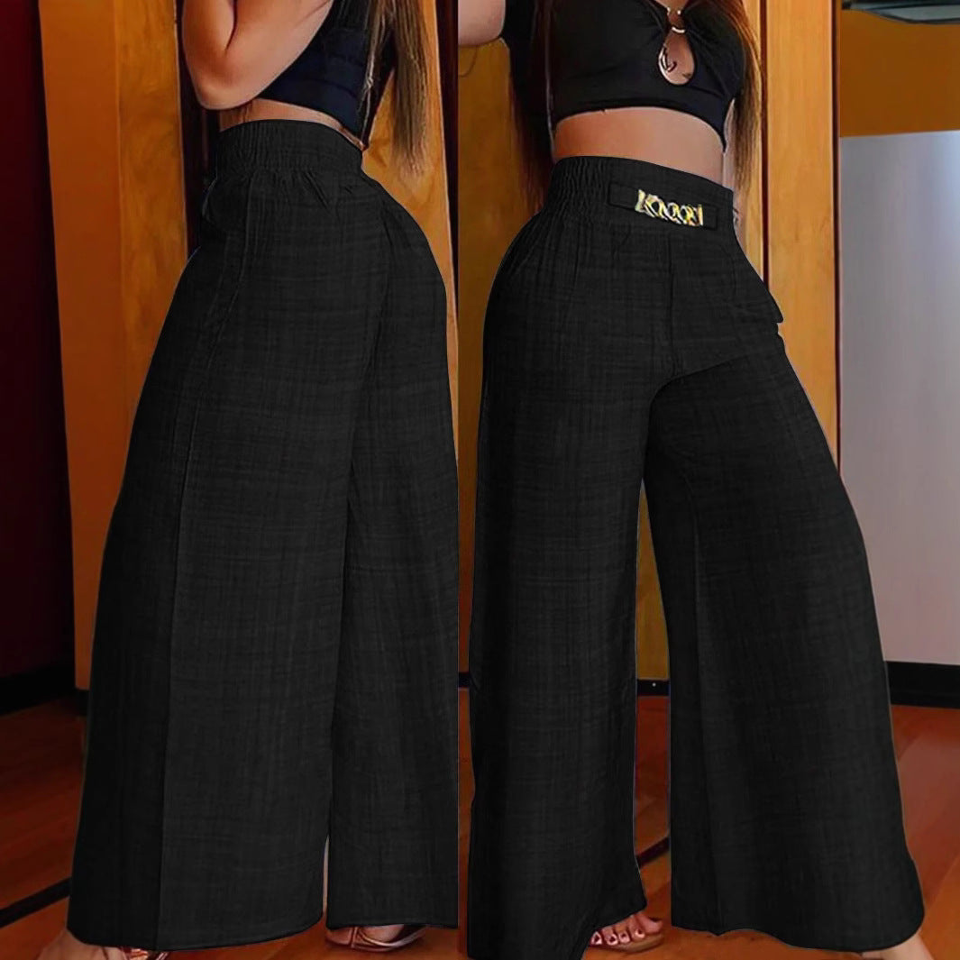 Damen Weite Leinenoptik-Hose mit hohem Smokbund und dekorativer Kettenapplikation – Avélisse