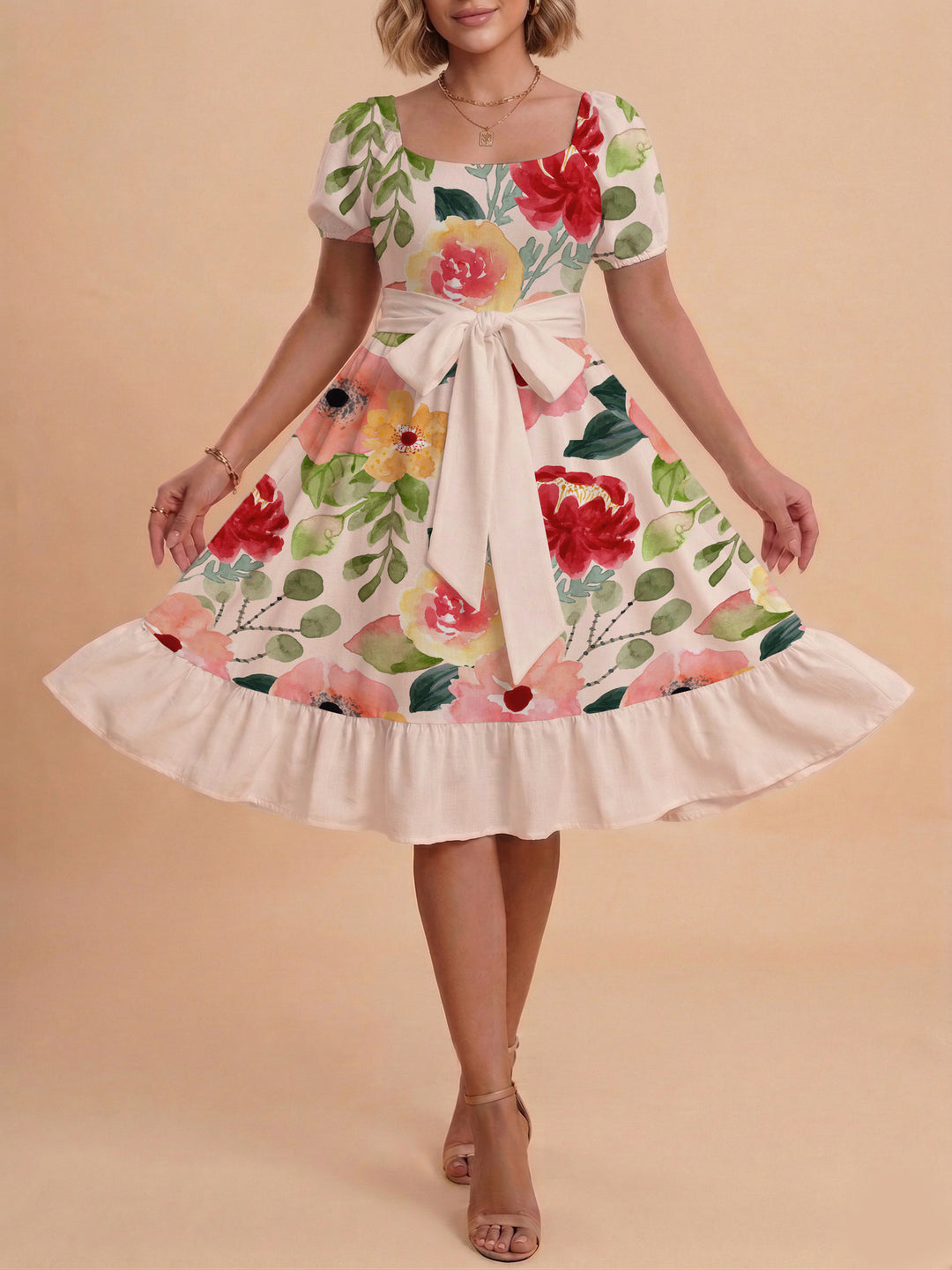 Damen A-Linien-Kleid mit floralen Motiven und taillierbarem Gürtel Echo Archiv