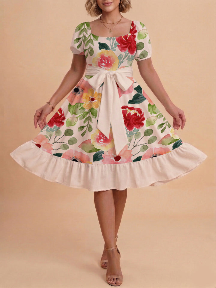 Damen A-Linien-Kleid mit floralen Motiven und taillierbarem Gürtel Echo Archiv