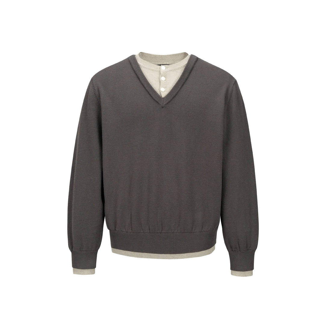 Herren V‑Neck Feinstrickpullover mit integriertem Henley‑Detail und elastischem Bund Echoarchiv