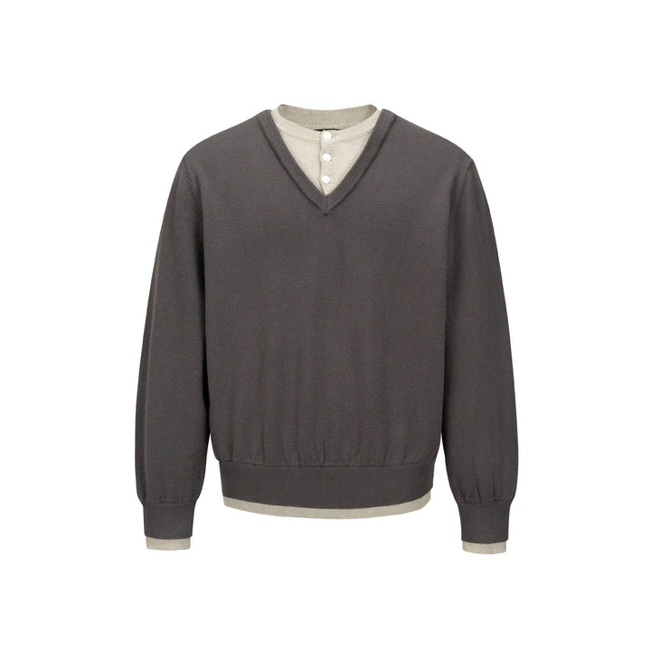 Herren V‑Neck Feinstrickpullover mit integriertem Henley‑Detail und elastischem Bund Echoarchiv