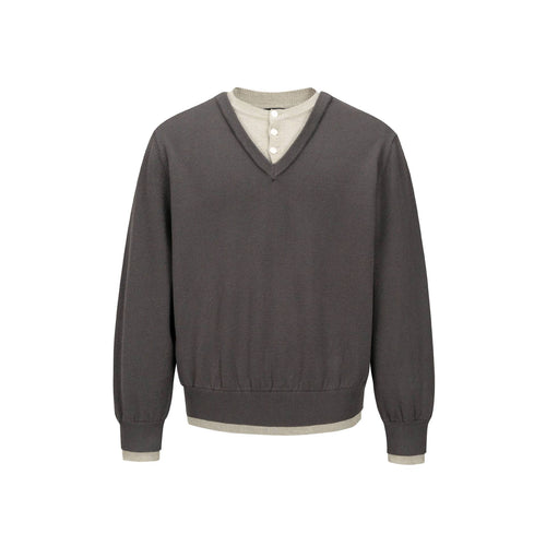 Herren V‑Neck Feinstrickpullover mit integriertem Henley‑Detail und elastischem Bund Echoarchiv