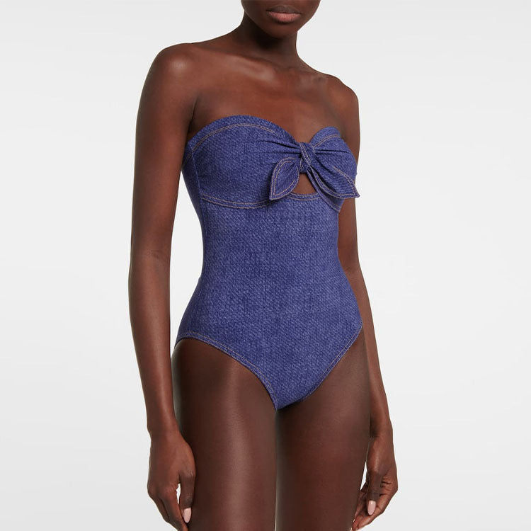 Damen Bandeau Badeanzug mit dekorativen Schleifen und gestreiftem Maxiröckchen Echo Archiv