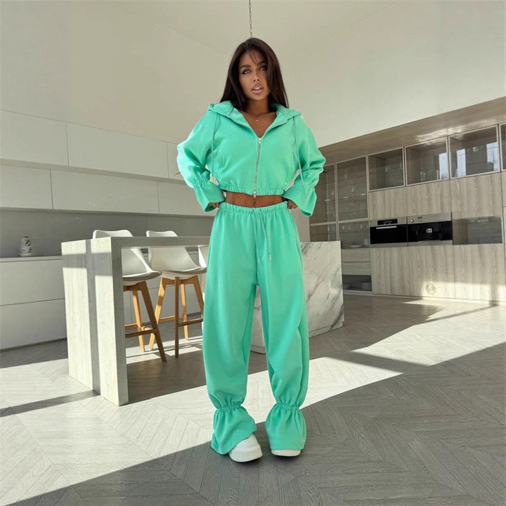 Damen Cropped-Kapuzenjacke mit Reißverschluss und taillierter Tunnelzug-Jogginghose – Auréline