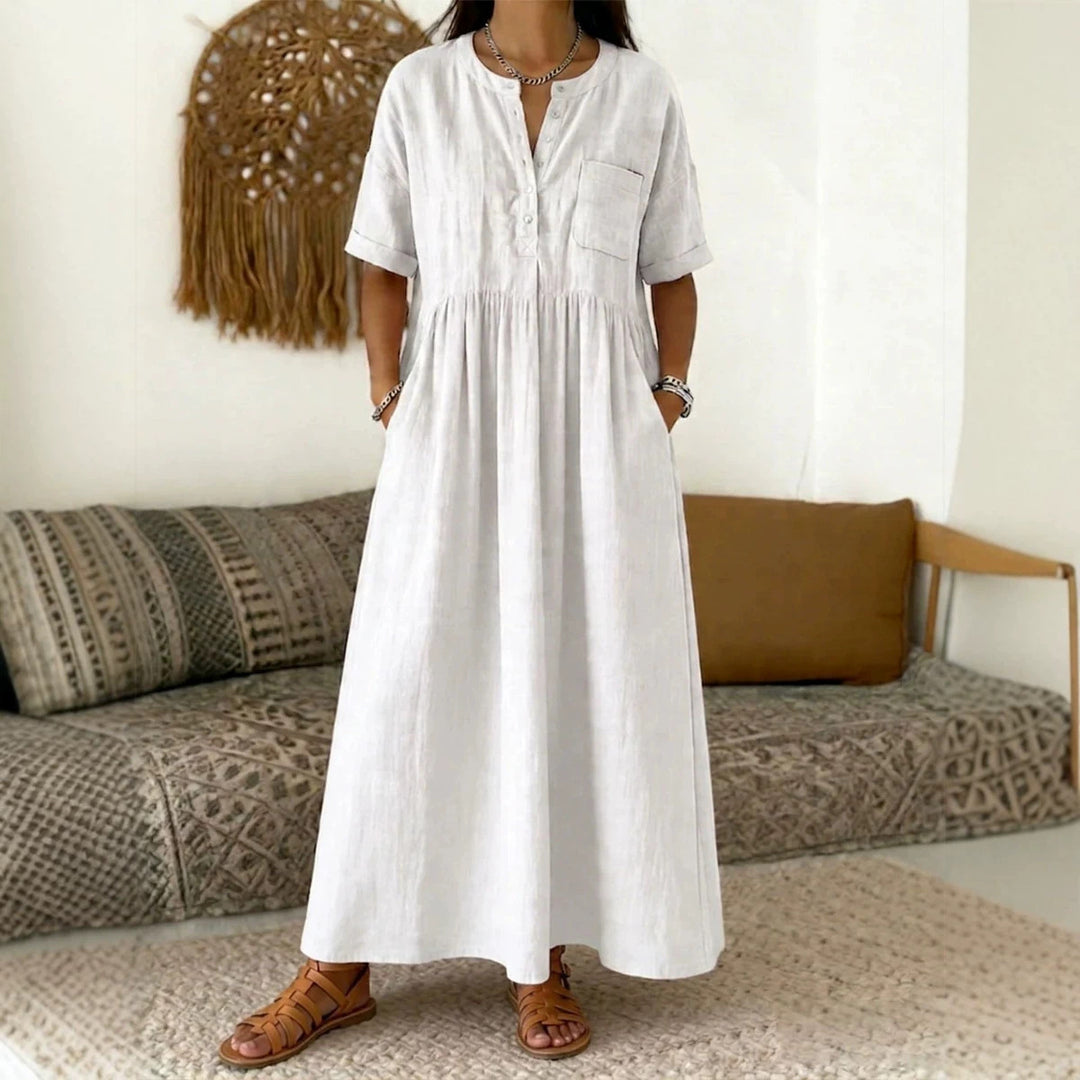 Damen Langes Boho‑Maxikleid mit Henley‑Knopfleiste, Brusttasche und seitlichen Eingrifftaschen Echoarchiv