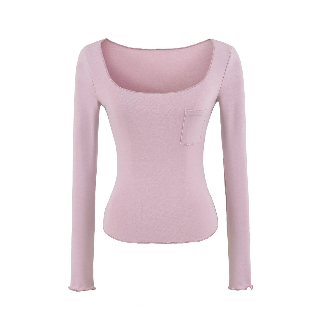 Damen Figurbetontes geripptes Langarmshirt mit weitem Quadrat-Ausschnitt und Brusttasche Echoarchiv