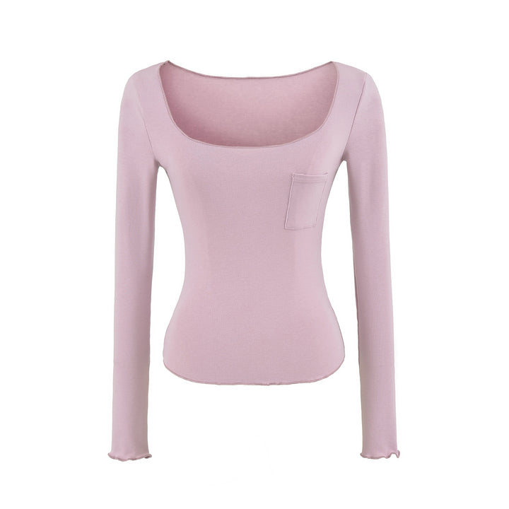 Damen Figurbetontes geripptes Langarmshirt mit weitem Quadrat-Ausschnitt und Brusttasche Echoarchiv