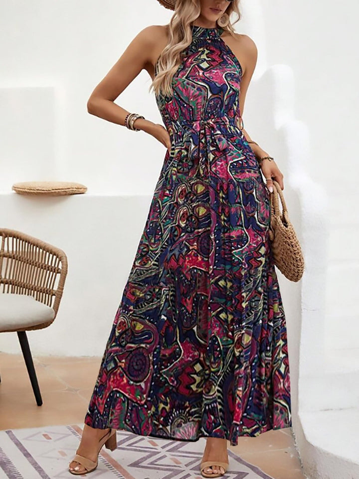 Damen Maxikleid Im Boho-Stil mit Elegantem Halterneck und Seitlichem Bindegürtel Echoarchiv