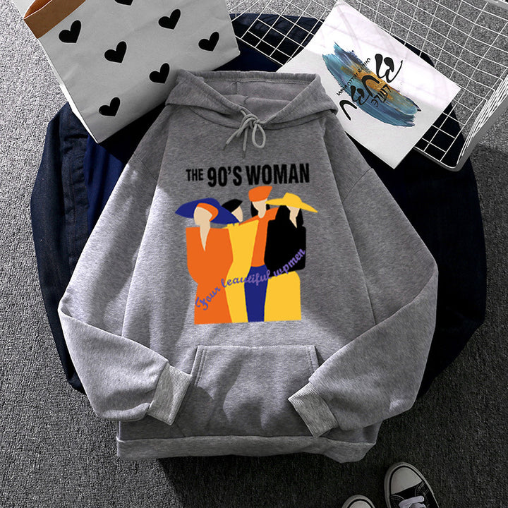 Damen weit geschnittener Kapuzenpullover mit Neunzigerjahre-Illustrationsprint, angerautem Fleece und Kängurutasche – Auréline