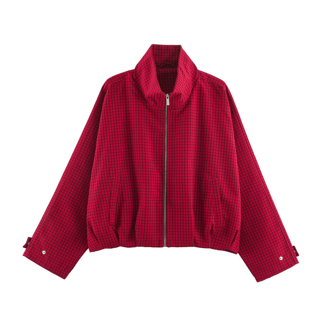 Damen Karierter Cropped-Blouson mit hohem Stehkragen, weitem Schnitt und Druckknopfmanschetten Echo Archiv