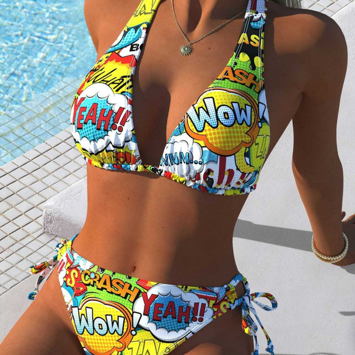 Damen Triangel-Bikini mit kreativem Comic-Print und verstellbaren seitlichen Bindebändern Echo Archiv