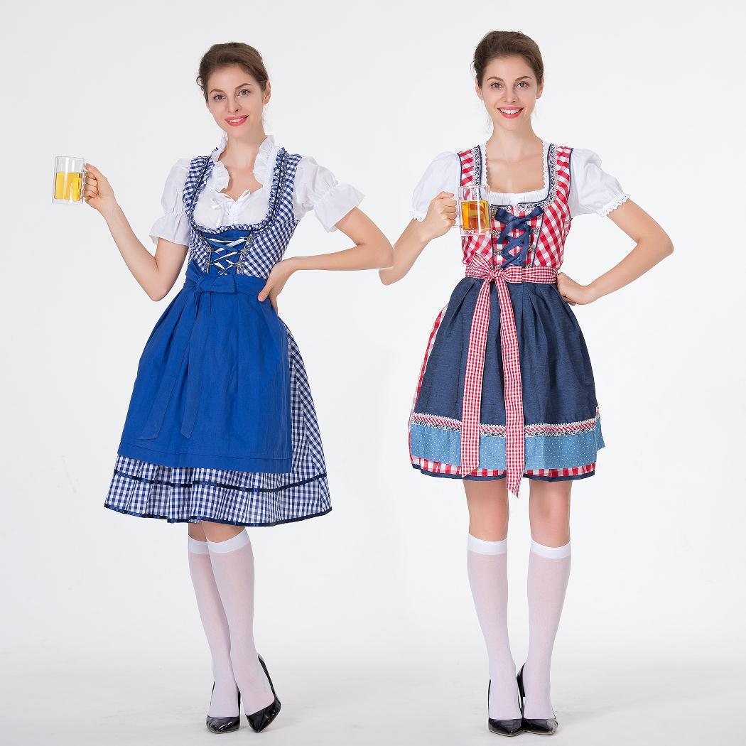 Damen nan traditionelles Trachten-Minikleid mit kariertem Schnürmieder, Puffärmelbluse und dekorativer Schürze Echo Archiv