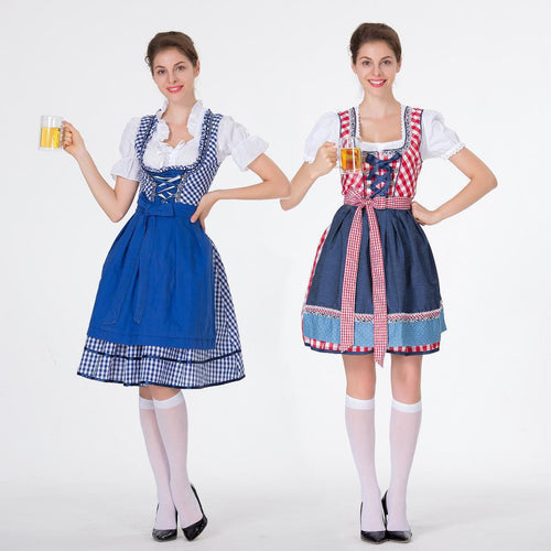 Damen nan traditionelles Trachten-Minikleid mit kariertem Schnürmieder, Puffärmelbluse und dekorativer Schürze Echo Archiv