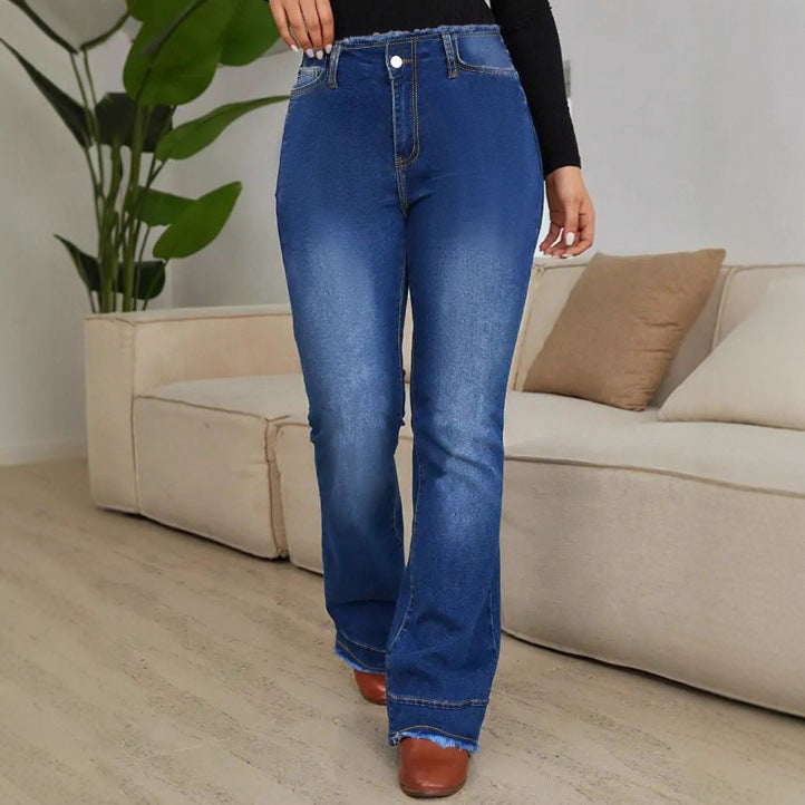 Damen Hochgeschnittene Elastische Jeans mit Bootcut und ausgefranstem Saum Echo Archiv