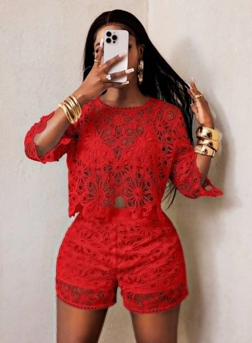 Damen nan gehäkeltes zweiteiliges Set mit Crop-Top und taillenhohen Shorts Echo Archiv