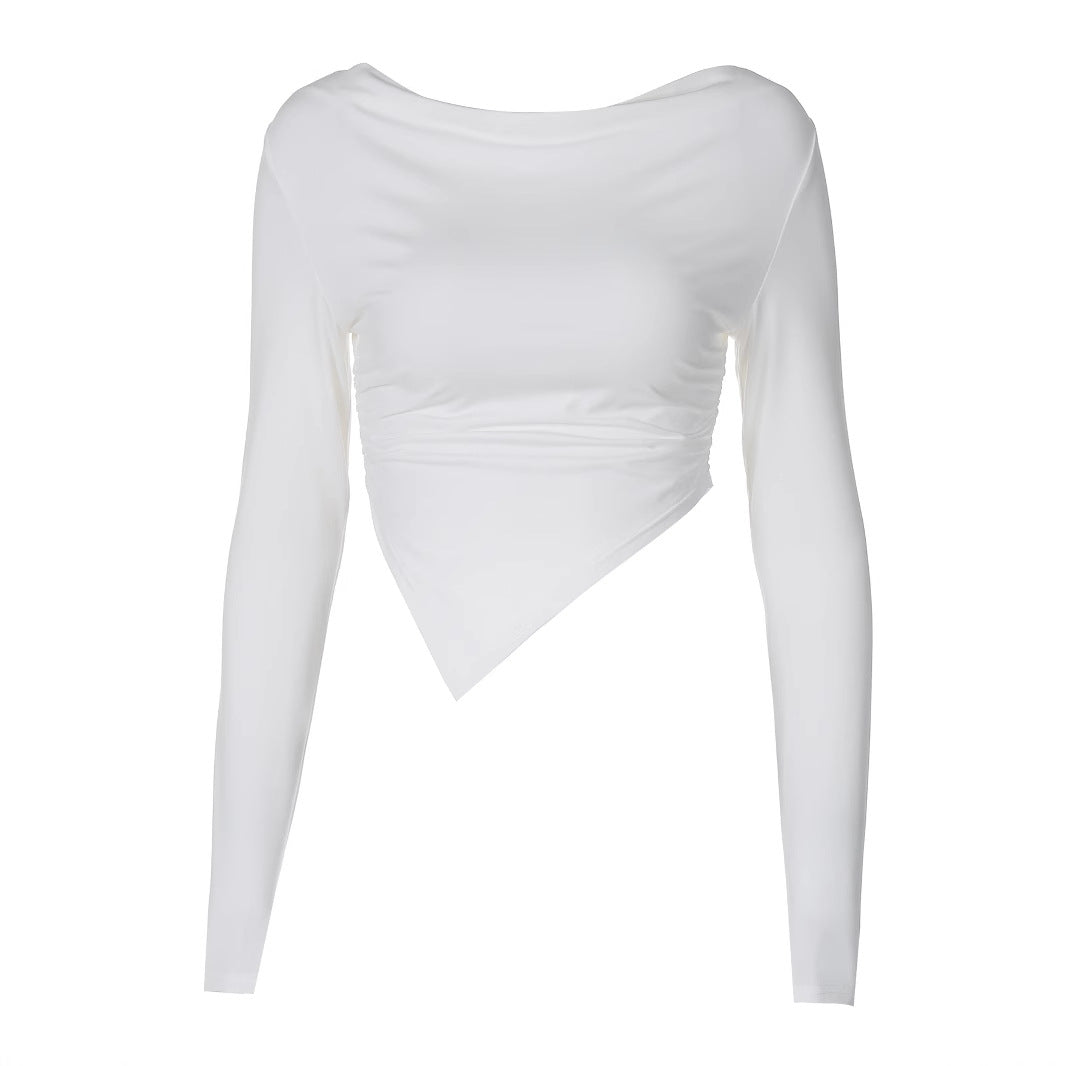 Damen asymmetrisches langärmeliges Cropped-Top mit drapiertem Ausschnitt, seitlicher Raffung und spitzem Saum – Avérine