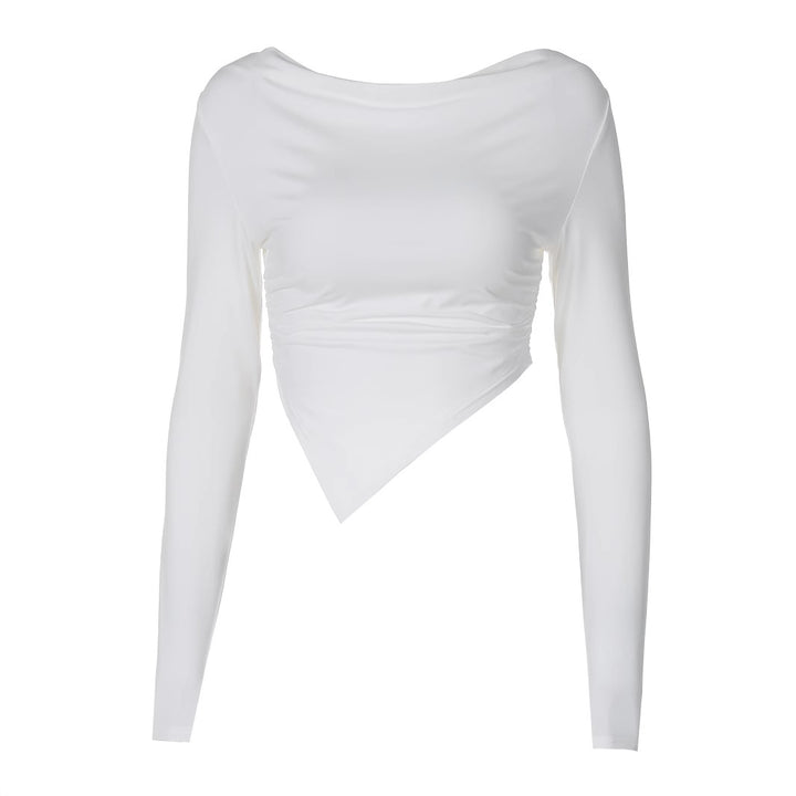 Damen asymmetrisches langärmeliges Cropped-Top mit drapiertem Ausschnitt, seitlicher Raffung und spitzem Saum – Avérine