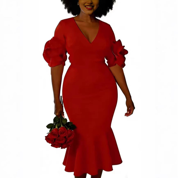 Damen figurbetontes Kleid mit Volantärmeln und Spitzen-Akzenten Echo Archiv