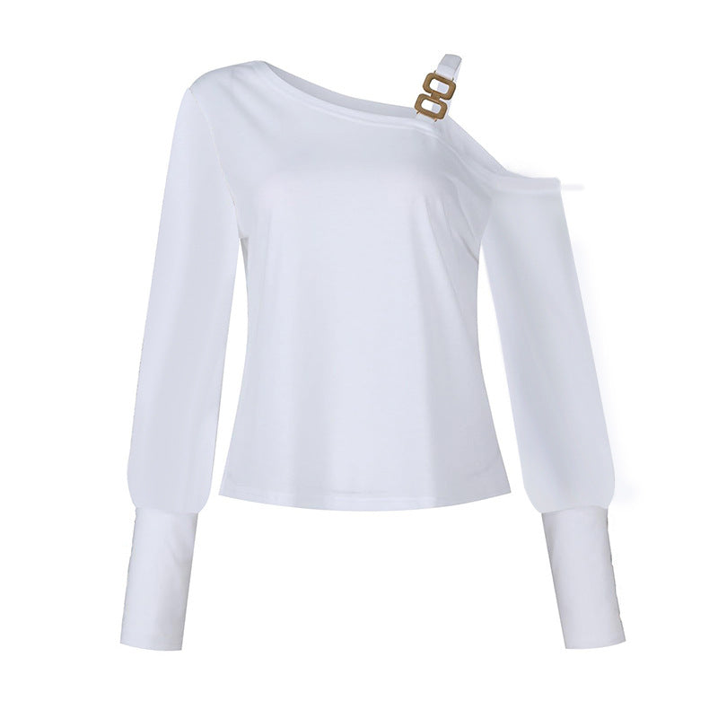 Damen Asymmetrisches Off-Shoulder Shirt mit Ziergurt und Ballonärmeln – Avérine