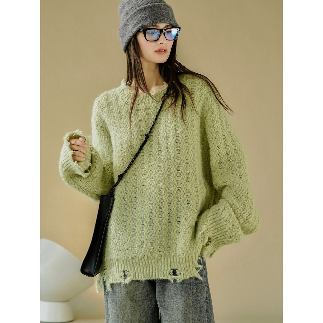 Damen Oversize-Strickpullover mit Ajourmuster, Flauschiger Mohair‑Look und Destroy-Detail Echoarchiv