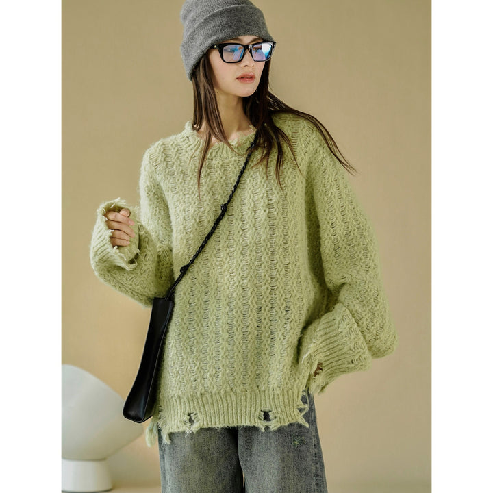 Damen Oversize-Strickpullover mit Ajourmuster, Flauschiger Mohair‑Look und Destroy-Detail Echoarchiv