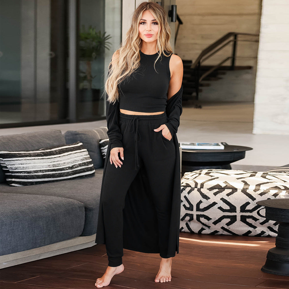 Damen Dreiteiliges Lounge-Set aus weichem Viskosemix mit Longcardigan, Crop-Top und Jogginghose – Élanora