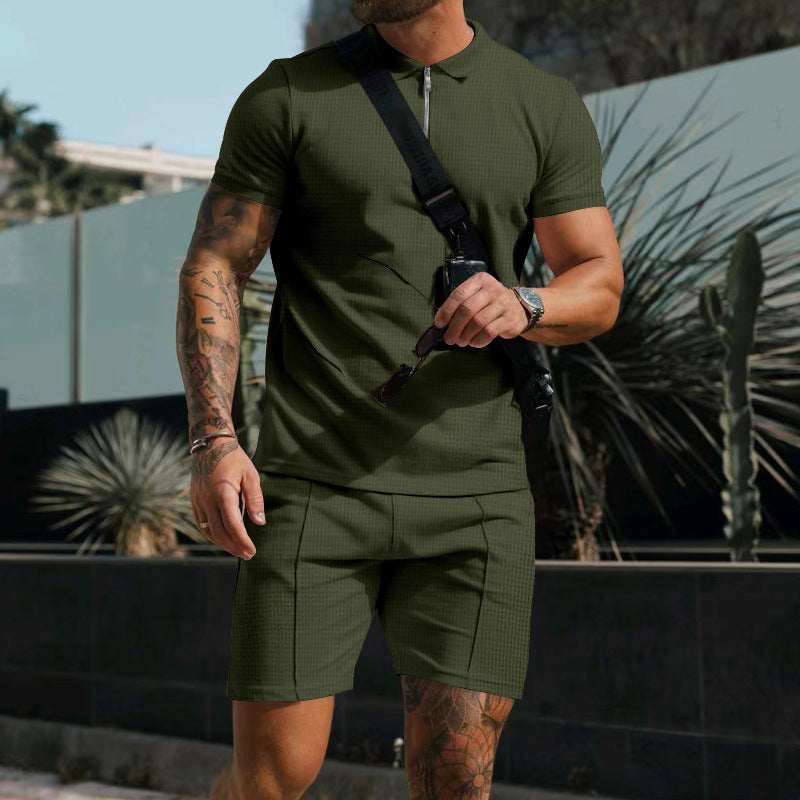 Herren nan sportives Poloshirt- und Chino-Shorts-Set mit halbem Reißverschluss, strukturiertem Jersey und dezenter Bügelfalte Echo Archiv