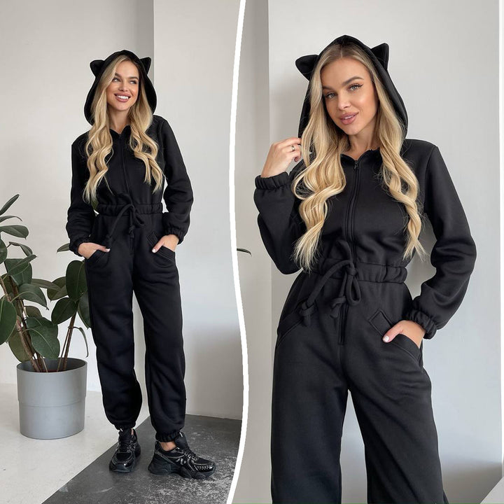 Damen Kuscheliger Kapuzen-Overall mit Katzenohren und Taillenzug – Élanora