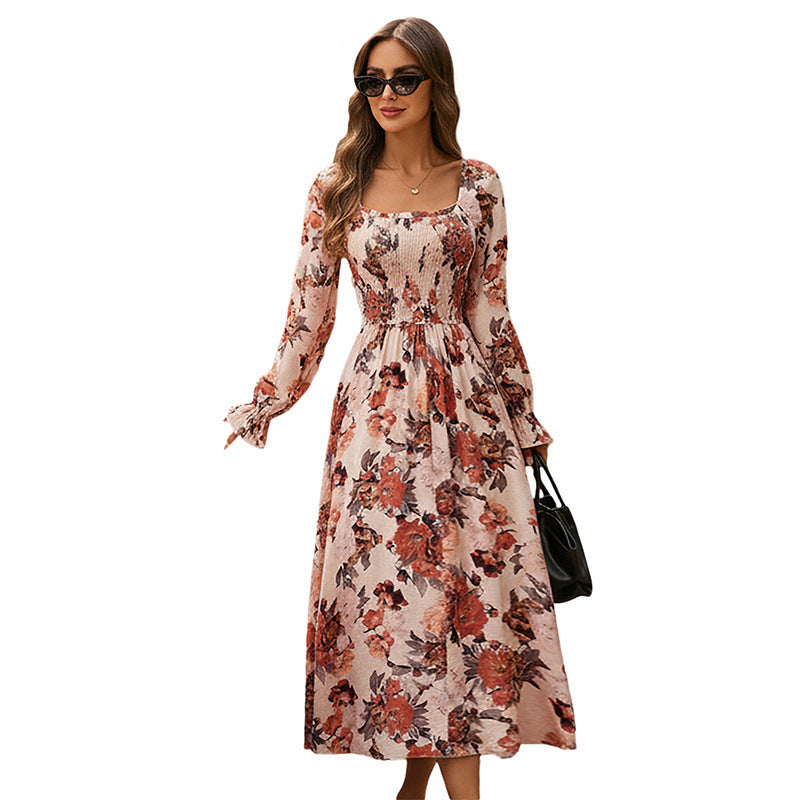 Damen Midikleid mit quadratischem Ausschnitt, smockierter Taille und langen Ballonärmeln Echoarchiv