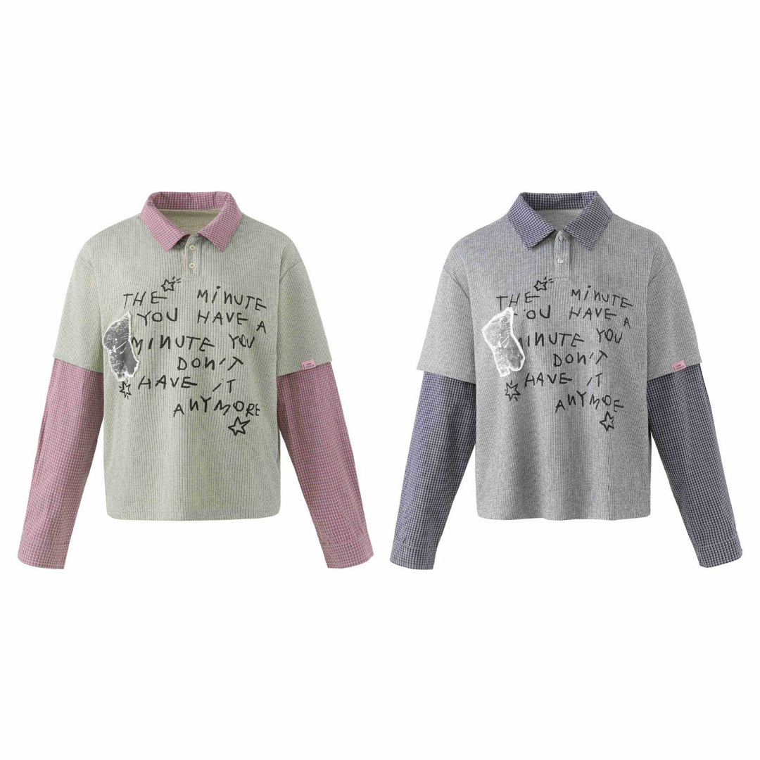 Unisex Lagenlook Strick-Poloshirt mit karierter Einsatzärmeln und Statement-Print Echoarchiv