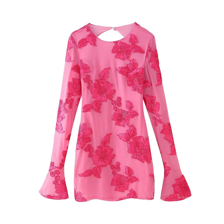 Damen bestickte Chiffonbluse mit floraler 3D-Applikation, Cut-Out Rücken und ausgestellten Manschetten – Élovi