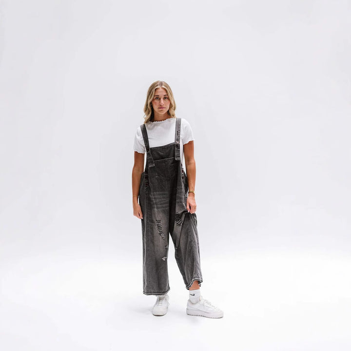 Damen nan lässige verwaschene Latzhose aus Jeansstoff mit Rissen und weitem Bein Echo Archiv