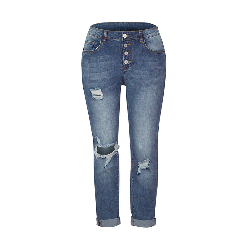 Damen Skinny-Jeans mit hoher Knopfleiste und lässigem Ripped-Used-Look Echo Archiv