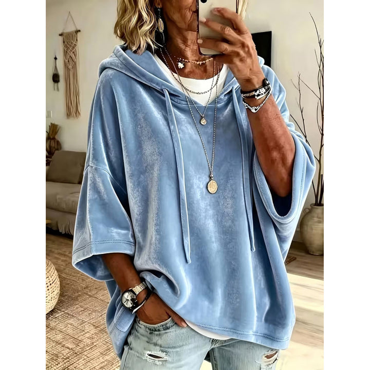 Damen Luxuriöser Samt-Hoodie mit Kimono-Kurzärmeln und Tunnelzug Echoarchiv